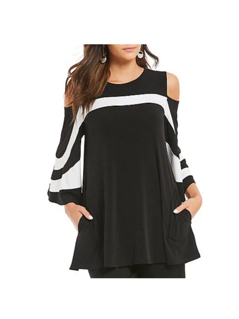 NWT IC Collection by Connie K Open Cold Shoulder Black White Striped Top M